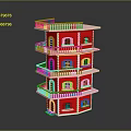 Red Multi Storey Tower Model With Yellow Balcony Railings And Green Windows