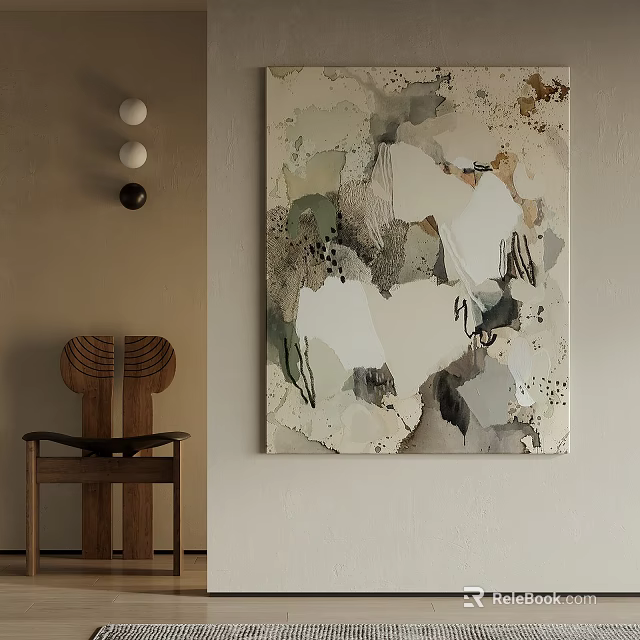 Abstract Painting With Wooden Chair And Circular Wall Ornaments In Modern Room 3d model