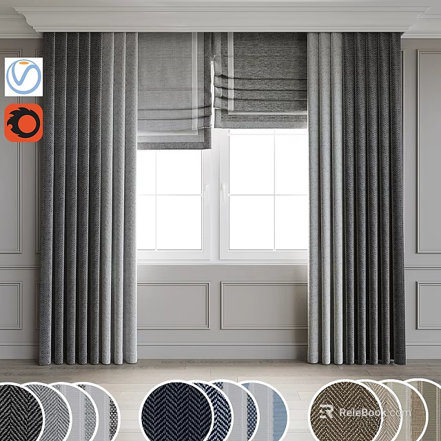Gray Curtains With Roll Up Blinds For Modern Home Double Windows Interior 3d model 