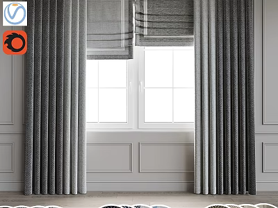 Gray Curtains With Roll Up Blinds For Modern Home Double Windows Interior 3d model