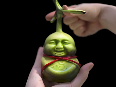Green Smiley Face Fruit With Red String Held By Hand Featuring Yi Character 3d model
