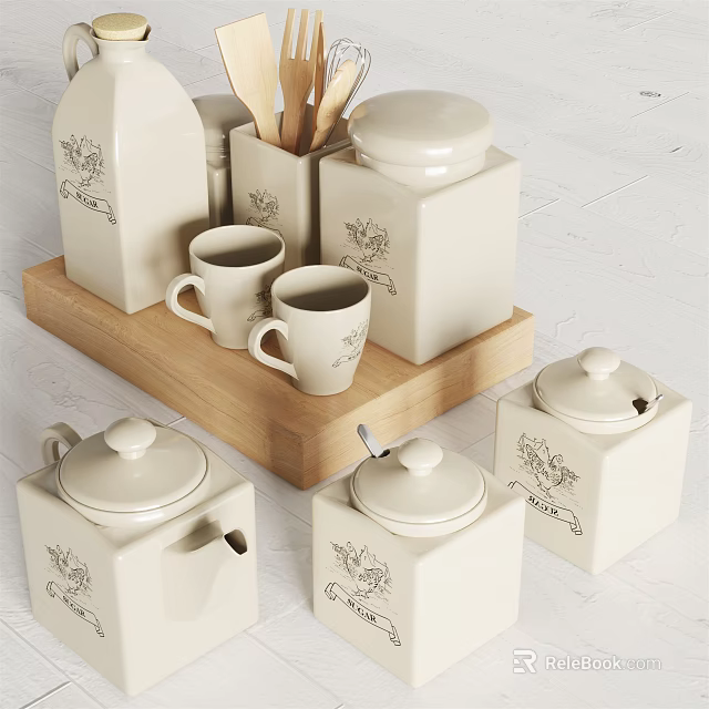 White Kitchenware Set With Storage Jars Mugs And Wooden Tray Decorative Prints 3d model 