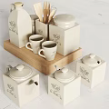 White Kitchenware Set With Storage Jars Mugs And Wooden Tray Decorative Prints