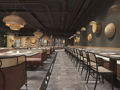 Elegant Modern Restaurant Interior With Woven Pendant Lights And Circular Wall Decorations 3d model