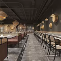 Elegant Modern Restaurant Interior With Woven Pendant Lights And Circular Wall Decorations