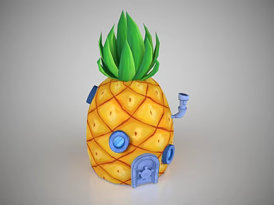 Cute Pineapple House Home For Small Forest Animals With Green Leaves And Blue Door 3d model