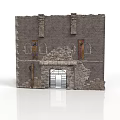 Ancient Ruined Stone Wall Structure With Iron Gate And Arched Decorations 3d model