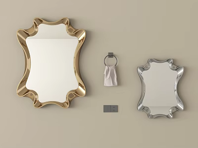 Decorative Mirrors With Gold Silver Frames Towel Ring Towel And Small Sign On Wall 3d model
