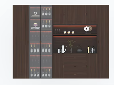 Modern Wooden Wine Cabinet With Glass Doors And Wine Bottles Decorative Items 3d model