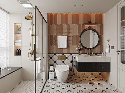 Modern Bathroom Interior With Glass Shower Brass Fixtures Round Mirror And Geometric Floor Tiles 3d model