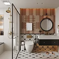 Modern Bathroom Interior With Glass Shower Brass Fixtures Round Mirror And Geometric Floor Tiles