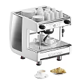 Stylish Modern Kitchen Appliances Featuring Red Black Silver Coffee Machines With Coffee Cups And Pastries