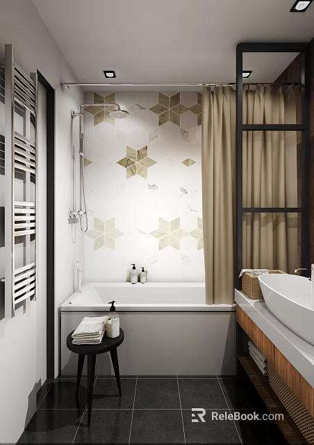 Elegant Bathroom Interior Design With Hexagonal Tiles Bathtub Shower Fixture And Curtain 3d model 