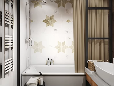 Elegant Bathroom Interior Design With Hexagonal Tiles Bathtub Shower Fixture And Curtain 3d model