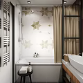 Elegant Bathroom Interior Design With Hexagonal Tiles Bathtub Shower Fixture And Curtain