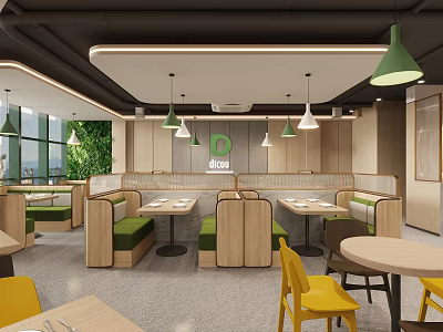 Modern Restaurant Interior With Wooden Booth Seating Green Pendant Lights And Yellow Chairs 3d model