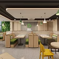 Modern Restaurant Interior With Wooden Booth Seating Green Pendant Lights And Yellow Chairs