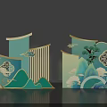 Chinese Style Photo Check In Spot With Green Mountains Pine Tree Clouds And Fan Design