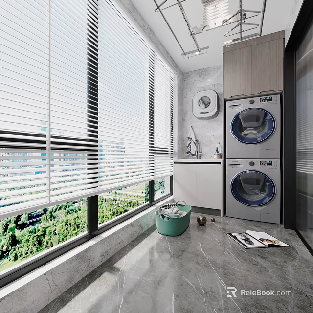Modern Home Balcony Design With Window Blinds Washing Machine Dryer And Green View 3d model 