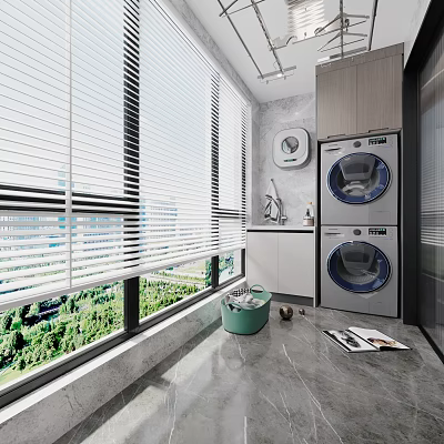 Modern Home Balcony Design With Window Blinds Washing Machine Dryer And Green View 3d model