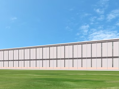 Modern Industrial Factory Building With White Exterior Long Strip Windows Front Green Lawn Blue Sky 3d model