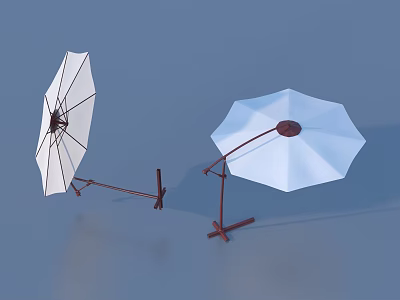 Outdoor Living Umbrellas In White And Light Blue With Red Stands 3d model