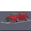 Red Mitsubishi Sporty Car Parked in Marked Parking Space with Rear Spoiler