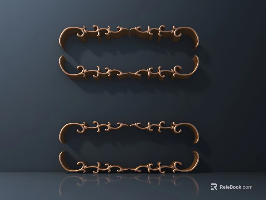 Golden Decorative Carvings Ornate Rectangular Frames On Dark Background With Intricate Patterns And Reflections 3d model 