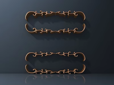 Golden Decorative Carvings Ornate Rectangular Frames On Dark Background With Intricate Patterns And Reflections 3d model
