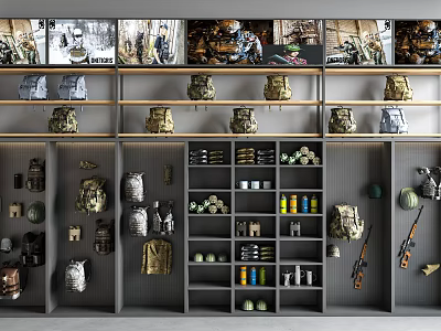 Organized Clothes Display on Shelves with Backpacks Water Bottles and Weapons in Outdoor Gear Store 3d model