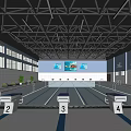Modern Indoor Swimming Pool With Lanes Starting Blocks Large Windows Wall Decorations And Ceiling Lights