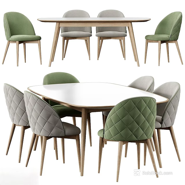 Modern Dining Table Set With Green And Gray Quilted Chairs White Tabletop 3d model