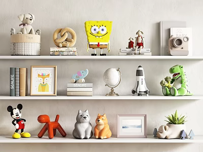 Colorful Stuffed Toys Collection With SpongeBob Mickey Mouse Dinosaur And Animal Plush On Shelf 3d model
