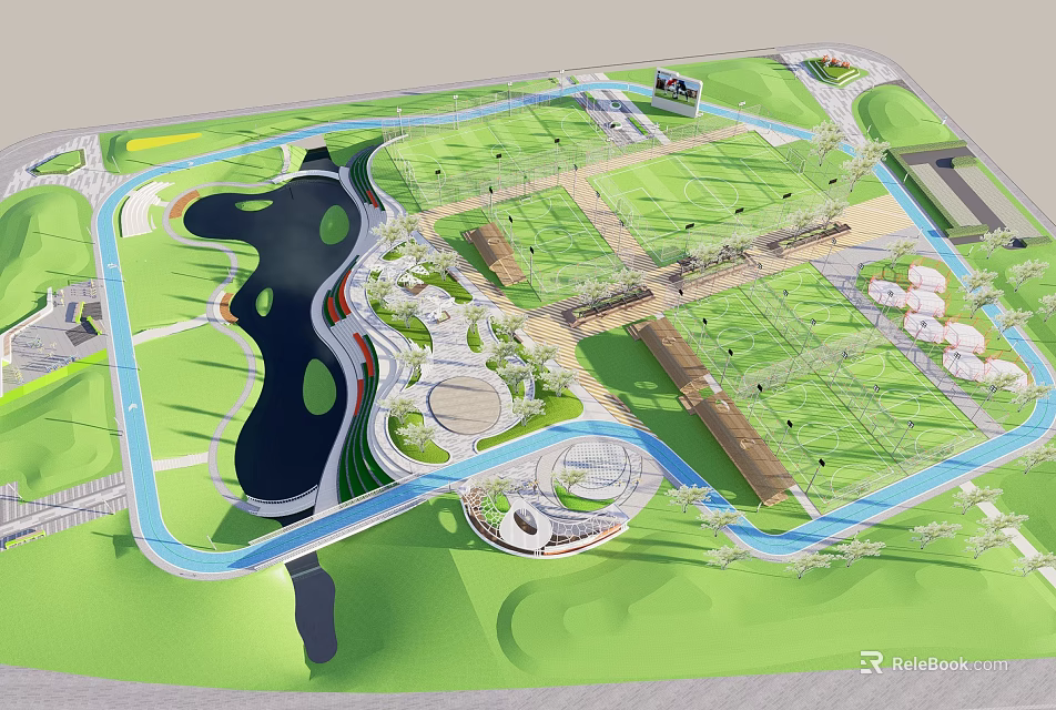 Garden Landscape Design with Green Lawns Water Features Walking Paths and Pavilions 3d model 