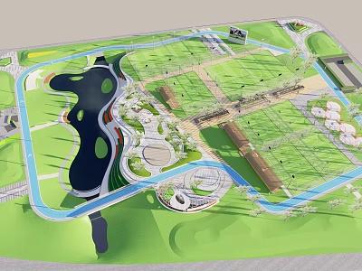 Garden Landscape Design with Green Lawns Water Features Walking Paths and Pavilions 3d model