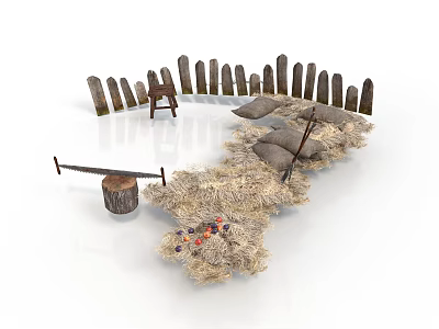 Natural Hay Stack In Circular Wooden Fence With Bench Seesaw And Colorful Pebbles 3d model
