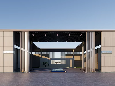 Modern Entrance Gate Design With Metal Columns Stone Facade And Courtyard Water Feature 3d model