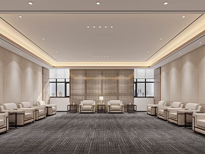 Spacious Modern Business Meeting Room With Neat Reception Sofas And Warm Recessed Ceiling Lighting 3d model