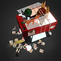 Red Box Shaped Machine With Small Dogs And Scattered Money Notes On Dark Background 3d model