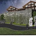 Starry Night View of Traditional Garden With Chinese Architecture Brick Walls Pathway Lawn and Lanterns