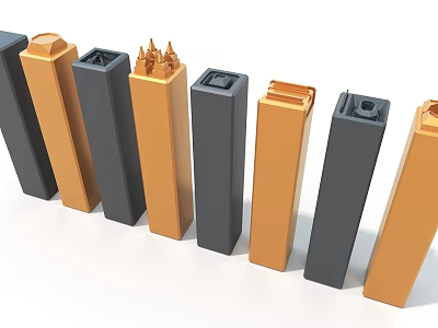 Black And Gold Rectangular Industrial Equipment Arranged In A Row With Various Top Structures 3d model