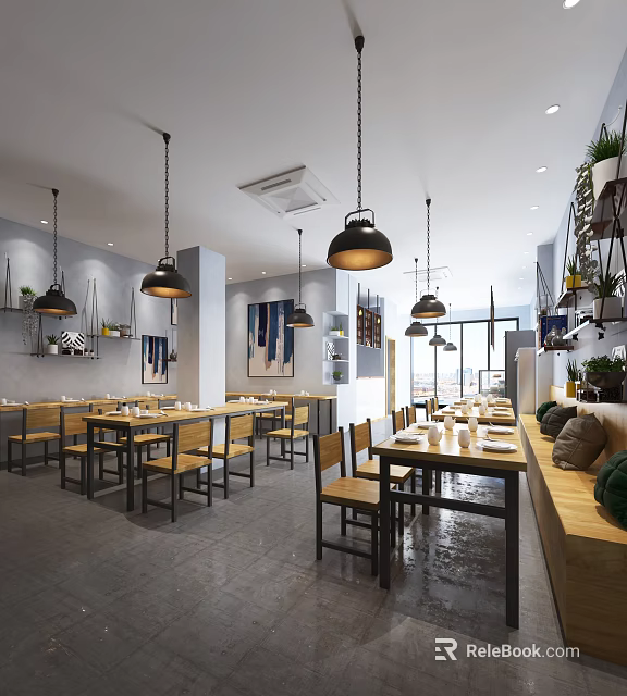 Modern Mall Restaurant Interior with Wooden Tables Chairs Pendant Lights Wall Art and Green Plants 3d model 