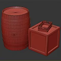 Rustic Wooden Barrel And Crate With Small Tray On Gray Surface 3d model