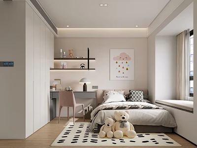 Minimalist Modern Children's Bedroom With Bed Teddy Bears And Desk 3d model