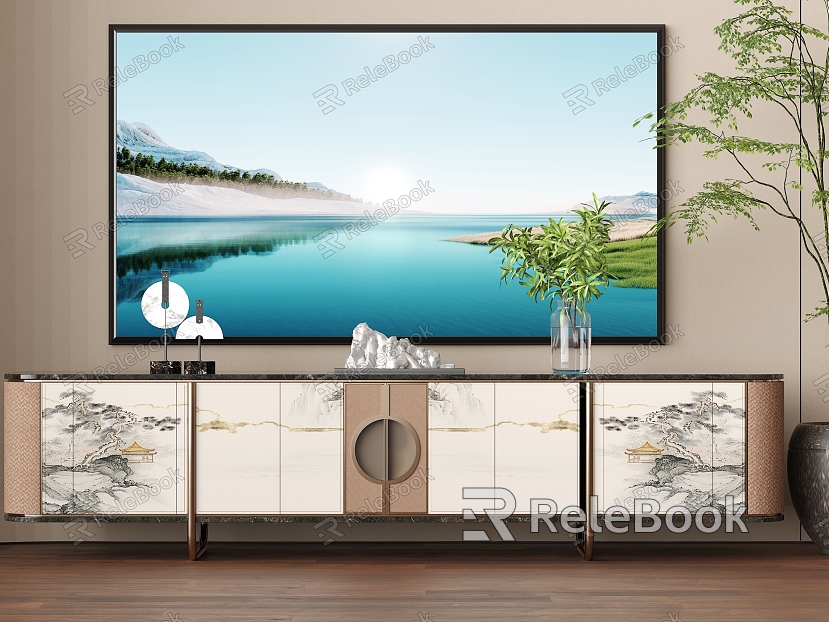 New Chinese TV Cabinet Potted Green Plant TV Screen model