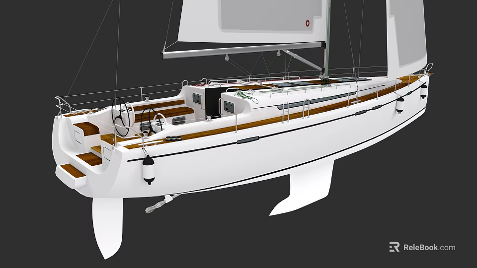 White Sailing Boat With Wooden Deck Cockpit And Raised Sails Design 3d model 