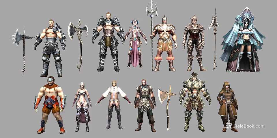 Game and Movie Characters with Diverse Armor Weapons and Fantasy Outfit Designs 3d model 