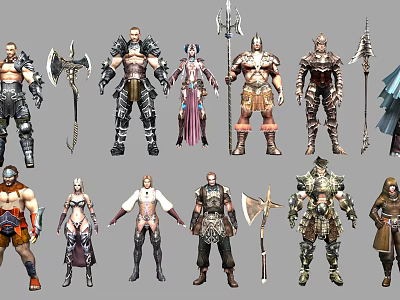 Game and Movie Characters with Diverse Armor Weapons and Fantasy Outfit Designs 3d model