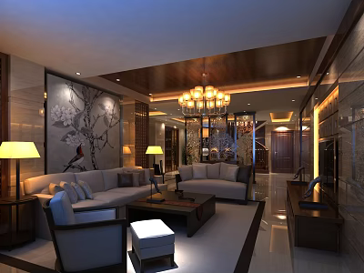 Elegant New Chinese Style Living Room Interior Design With Cozy Sofas And Luxury Chandelier 3d model