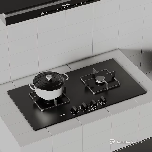 Modern Kitchen Gas Cooktop With Pot Lid And Control Knobs On White Tiled Surface 3d model 